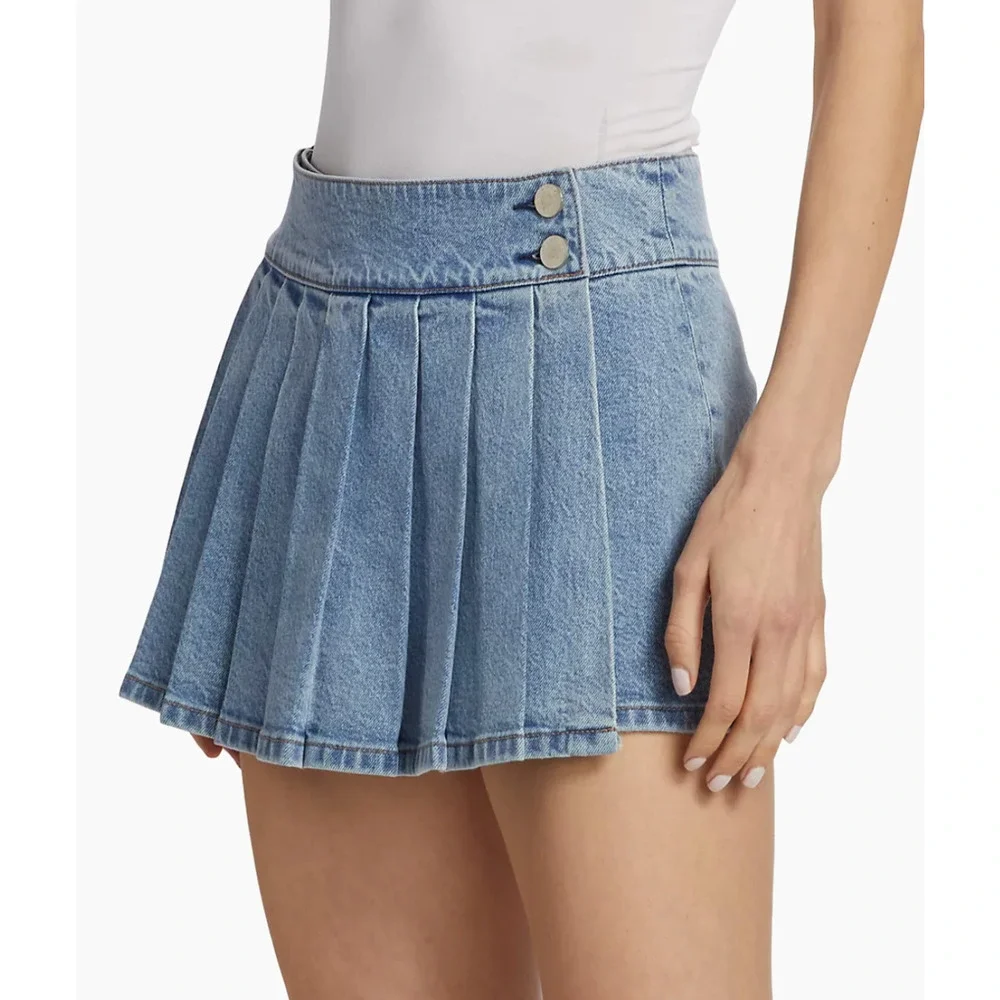 Alice + Olivia Noah Denim Pleated Miniskirt US 28 - Picture 5 of 11